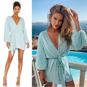 NWT RETROFETE Hand Stitched Baby Blue Sequin Long Sleeve Tie Waist Wrap Dress XS